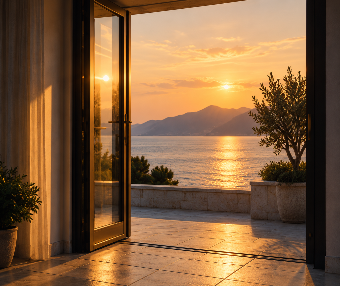 Illustrazione concettuale: una porta aperta verso un paesaggio costiero al tramonto.