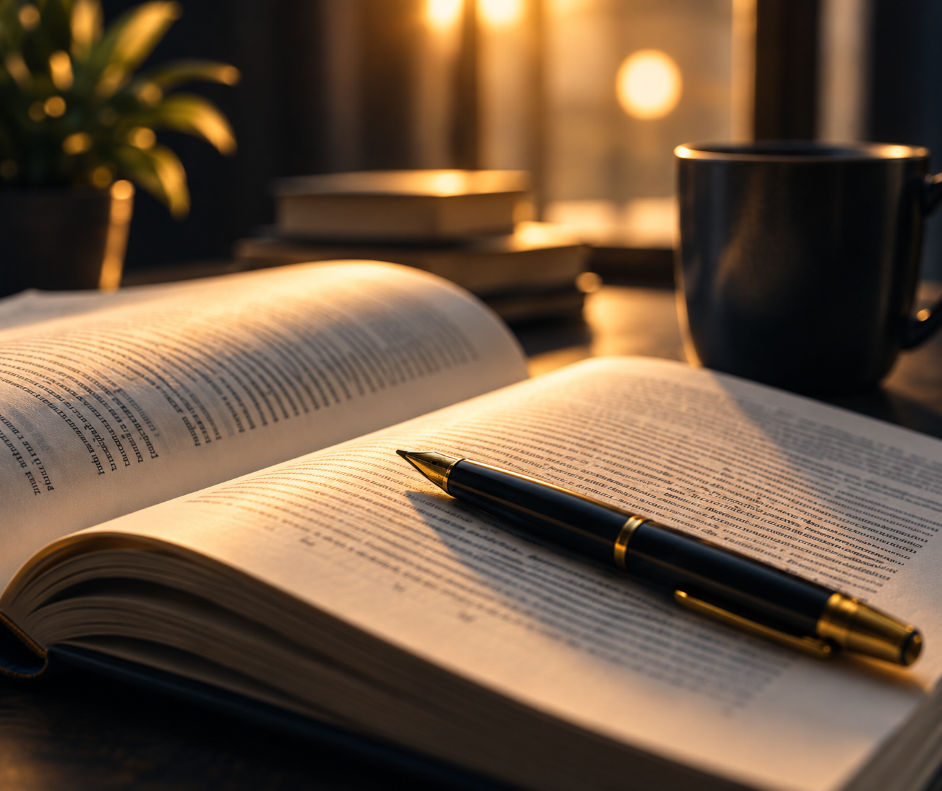 Illustrazione concettuale: un libro aperto e una penna alla luce calda di una scrivania.